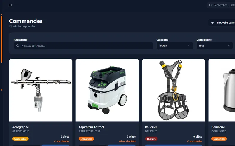 Interface logiciel de gestion de stock et suivi de chantiers sur mesure - Webomax - vue 1